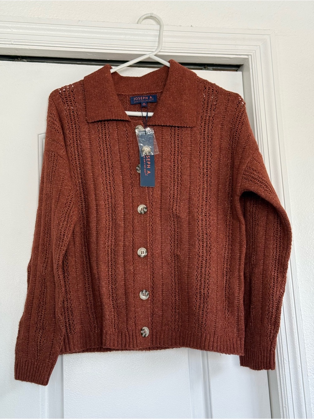 Joseph Rust Openwork Button-Up Collared Knit Cardigan